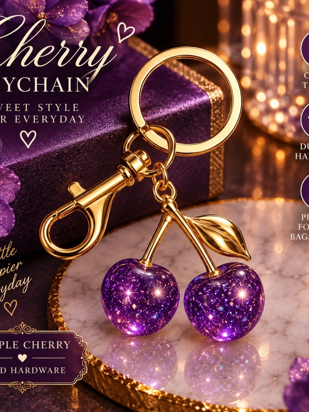 Gold Hardware Purple Cherry Keychain - Elegant Women Accessories!!
